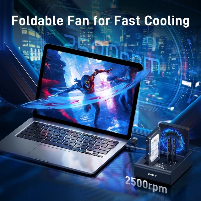 Alt view image 7 of 7 - FIDECO M.2 NVMe SSD Cloner and Duplicator, 3-Bay Hard Drive Cloner Dock for M.2 NVMe SSD and 2.5"/3.5" SATA HDD, Hard Drive Reader with Foldable Cooling Fan, Ultimate Heat Dissipation, Tool-Free