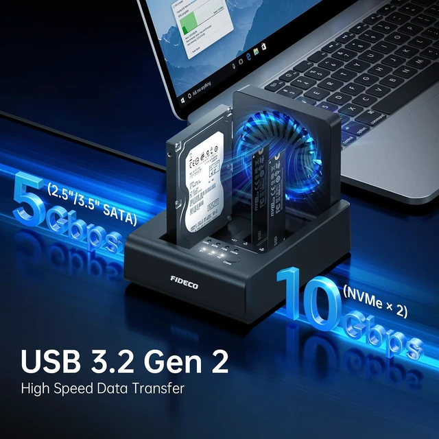 Alt view image 2 of 7 - FIDECO M.2 NVMe SSD Cloner and Duplicator, 3-Bay Hard Drive Cloner Dock for M.2 NVMe SSD and 2.5"/3.5" SATA HDD, Hard Drive Reader with Foldable Cooling Fan, Ultimate Heat Dissipation, Tool-Free