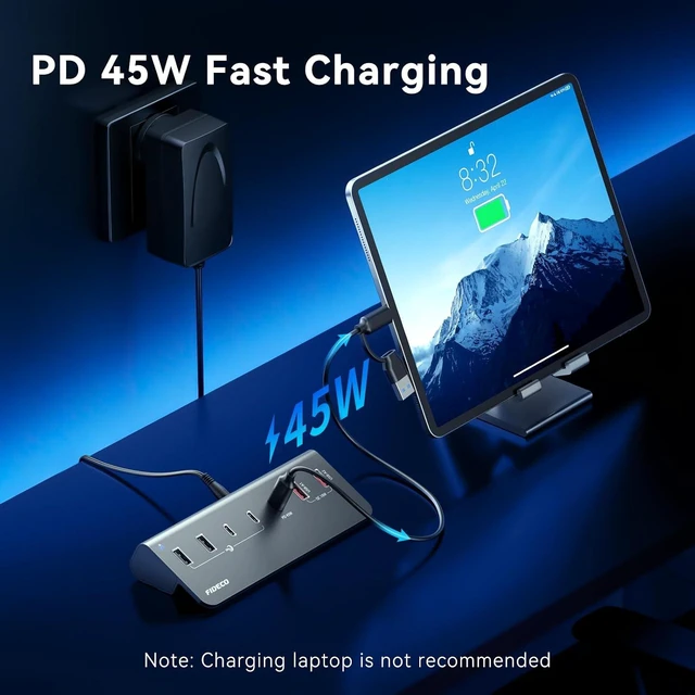 Alt view image 5 of 7 - FIDECO 7-Port 72W Powered USB Hub, USB C Hub with 1 PD 45W, 2 QC 3.0 Charging Ports, and 4 USB 3.2 Ports (2 USB-A + 2 USB-C), Aluminum 10Gbps USB Hub for Laptop, PC, MacBook, iPhone 17/16/15 Grey