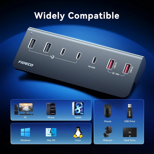 Alt view image 4 of 7 - FIDECO 7-Port 72W Powered USB Hub, USB C Hub with 1 PD 45W, 2 QC 3.0 Charging Ports, and 4 USB 3.2 Ports (2 USB-A + 2 USB-C), Aluminum 10Gbps USB Hub for Laptop, PC, MacBook, iPhone 17/16/15 Grey