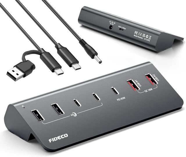 Main image of FIDECO 7-Port 72W Powered USB Hub, USB C Hub with 1 PD 45W, 2 QC 3.0 Charging Ports, and 4 USB 3.2 Ports (2 USB-A + 2 USB-C), Aluminum 10Gbps USB Hub for Laptop, PC, MacBook, iPhone 17/16/15 Grey