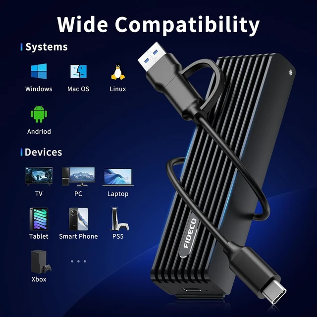 Alt view image 3 of 7 - FIDECO M.2 NVMe Enclosure, USB 3.2 Gen 2, 10Gbps NVMe SSD Enclosure, PCIe Adapter for M & M+B Key, Support UASP and Trim, Full Aluminum Alloy Body, Sandwich Style Design, Tool-Free Installation