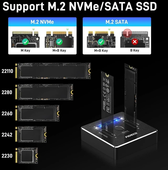 Alt view image 3 of 7 - FIDECO M.2 NVMe SATA SSD Cloner Dock, USB 3.2 Gen 2 X 2, 20Gbps Dual NVMe SATA SSD Enclosure, M.2 Duplicator Cloner, Support Offline Clone, UASP and Trim, Aluminum Design