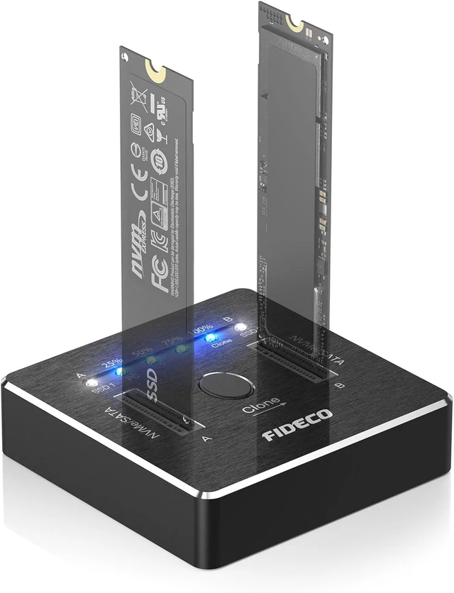 Main image of FIDECO M.2 NVMe SATA SSD Cloner Dock, USB 3.2 Gen 2 X 2, 20Gbps Dual NVMe SATA SSD Enclosure, M.2 Duplicator Cloner, Support Offline Clone, UASP and Trim, Aluminum Design