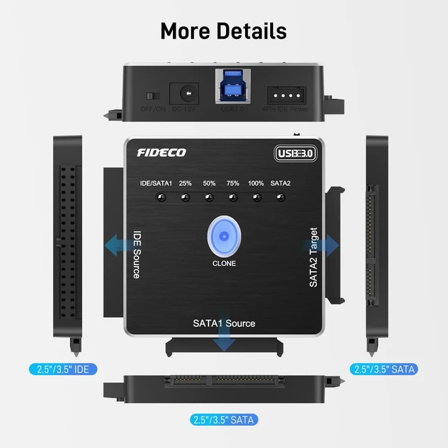 Alt view image 6 of 7 - FIDECO SATA/IDE to USB 3.0 Adapter, Hard Drive Adapter Cable for Universal 2.5/3.5 Inch IDE/SATA External HDD SSD, 5.25-Inch DVD-ROM/CD-ROM/CD-RW, Support Offline Clone