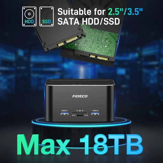 Alt view image 3 of 7 - FIDECO Hard Drive Docking Station, USB 3.0 Aluminum Hard Drive Docking Stations 2.5"/3.5" SATA HDD SSD, TF Card Reader and SD Card Reader, Offline Clone Support