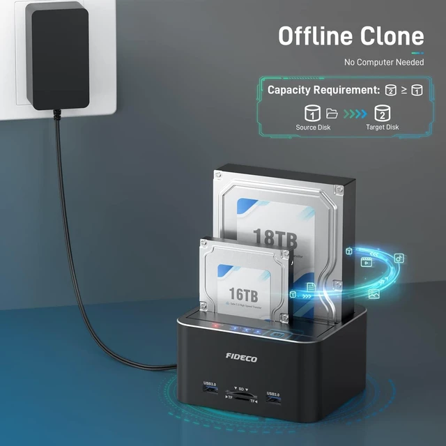 Alt view image 2 of 7 - FIDECO Hard Drive Docking Station, USB 3.0 Aluminum Hard Drive Docking Stations 2.5"/3.5" SATA HDD SSD, TF Card Reader and SD Card Reader, Offline Clone Support
