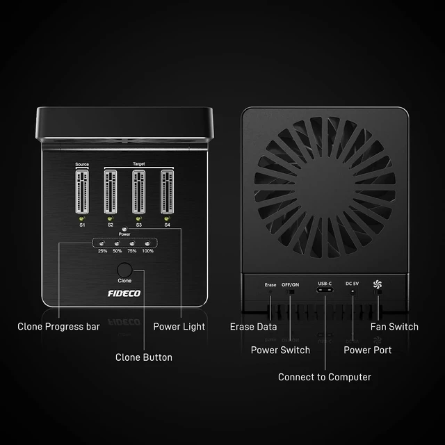 Alt view image 6 of 7 - FIDECO M.2 NVMe Cloner Eraser, 4-Bay SSD Cloner Dock, Foldable Cooling Fan
40Gbps (4X 10Gbps, 2X 20Gbps) NVMe Duplicator, Support Offline Clone and Offline Data Eraser, Protect Privacy