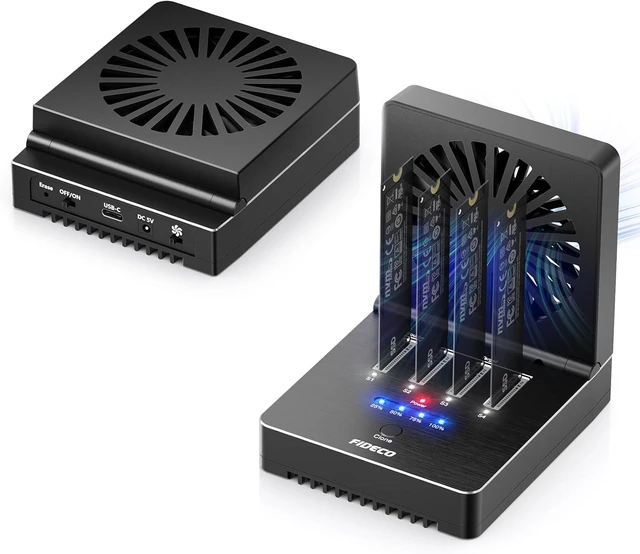 Main image of FIDECO M.2 NVMe Cloner Eraser, 4-Bay SSD Cloner Dock, Foldable Cooling Fan
40Gbps (4X 10Gbps, 2X 20Gbps) NVMe Duplicator, Support Offline Clone and Offline Data Eraser, Protect Privacy
