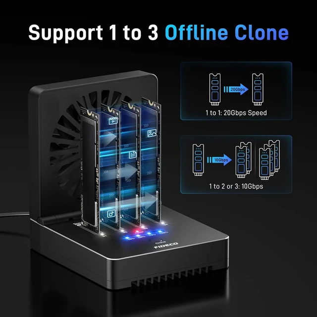 Alt view image 4 of 7 - FIDECO M.2 NVMe Cloner Eraser, 4-Bay SSD Cloner Dock, Foldable Cooling Fan
40Gbps (4X 10Gbps, 2X 20Gbps) NVMe Duplicator, Support Offline Clone and Offline Data Eraser, Protect Privacy