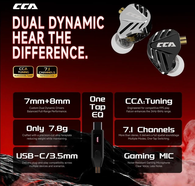 Alt view image 3 of 7 - CCA Falcon 2 DD in Ear Monitor, Immersive Stereo Gaming Earbuds, HiFi Noise Isolating in Ear Headphones, Crystal Clear & Deep Bass IEMs for Gamers Singers Musicians Audio Engineers