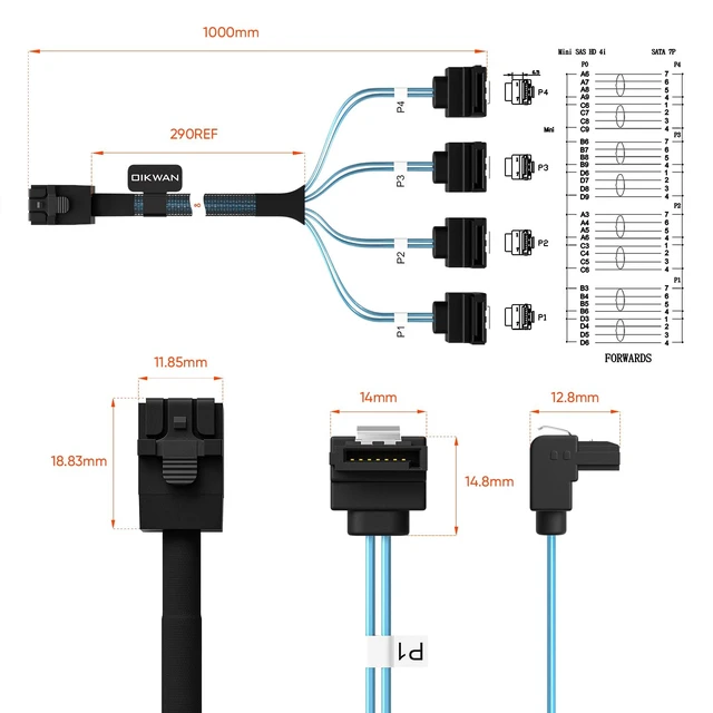 Alt view image 4 of 7 - Internal HD Mini SAS to 7PIN SATA Right Angle Cable,1.6ft SFF-8643 Host to 4X SATA Target Cable Compatible with Raid Controller Hard Drive 1.6Feet SFF-8643 to 4X SATA Straight to Right Angle