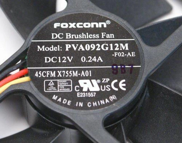 Alt view image 2 of 4 - Foxconn PVA092G12M DC12 Volt 0.24 Amp, Rear Case Brushless Cooling Fan 92mm x 92mm x 25mm, 3-WIRE/3-PIN CONNECTOR