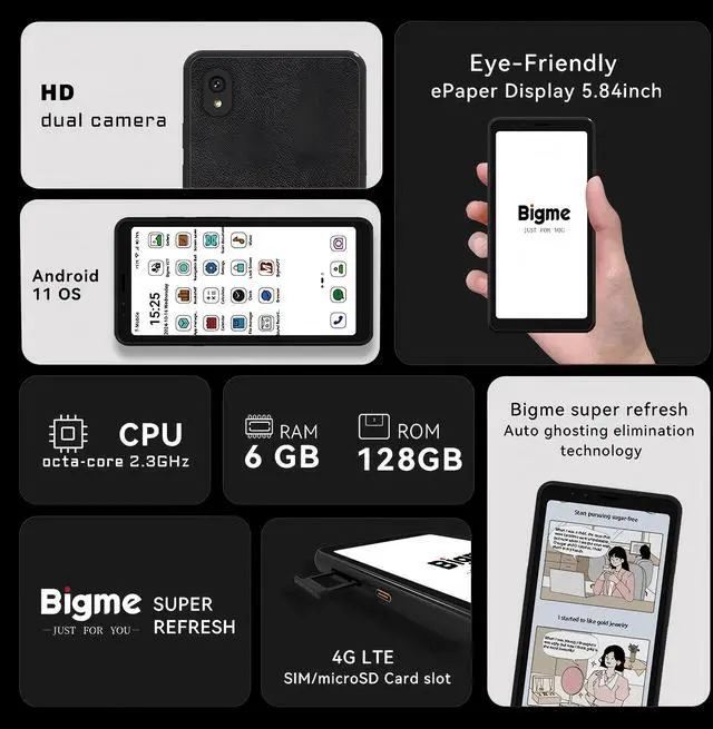 Alt view image 2 of 7 - Bigme HiBreak Color E-Ink Smartphone, 6G+128GB Android 11, 5.84-Inch HD Screen, 36-Level Front Light, USB-C, 3300mAh Battery, Dual Camera - Black