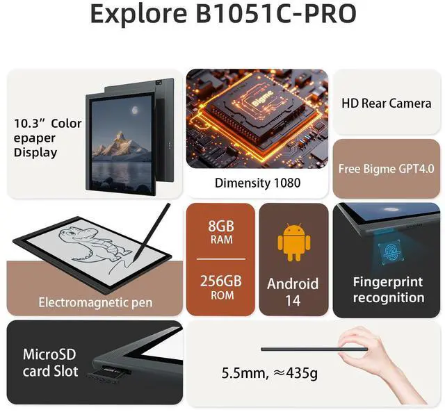 Alt view image 3 of 7 - Bigme 10.3" EColor E-Paper Tablet with Stylus, Ultra-Thin Design, 8GB RAM + 256GB Storage, Android 14 Compatibility, and Enhanced Vocabulary Recognition
