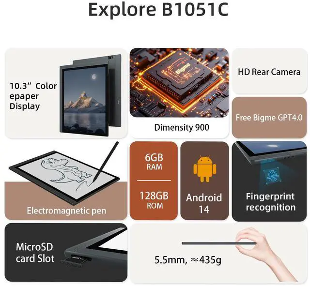 Alt view image 2 of 6 - Bigme 10.3" Color E-paper Read-Write Tablet with 6GB RAM and 128GB Storage, Ultra-Thin 5.5mm Design for Business Meetings, Featuring High-Resolution Touchscreen and Advanced Speech Recognition