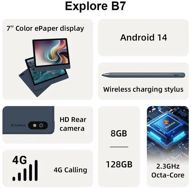 Alt view image 3 of 7 - Bigme B7 7-Inch Color ePaper Tablet with 8+128GB Storage and 4G Calling Capability