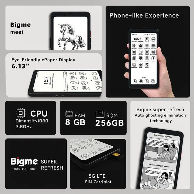Alt view image 3 of 6 - Bigme HiBreak Pro 6.13" Epaper Cell Phone with Android 14 OS - 8GB RAM, 256GB Storage, 5G Dual SIM, GPS, and Dual Cameras for Enhanced Productivity and Connectivity Black