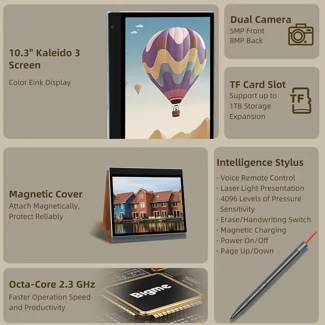 Alt view image 2 of 5 - Bigme InkNote Color + Lite E Ink Tablet 10.3 in, 4G 64GB, Octa-Core, Kaleido 3 Color Display, Front Light, Digital Notepad with Stylus & Cover, Supports Voice-to-Text