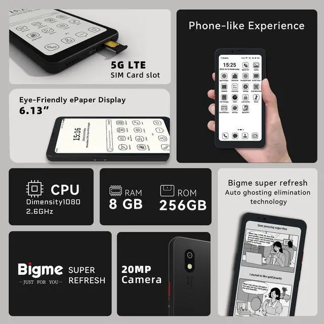 Alt view image 4 of 6 - Bigme HiBreak Pro 6.13" Epaper Cell Phone with Android 14 OS - 8GB RAM, 256GB Storage, 5G Dual SIM, GPS, and Dual Cameras for Enhanced Productivity and Connectivity Black