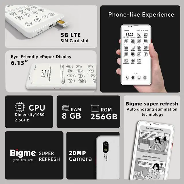 Alt view image 3 of 7 - Bigme HiBreak Pro 6.13" Epaper Cell Phone with Android 14 OS - 8GB RAM, 256GB Storage, 5G Dual SIM, GPS, and Dual Cameras for Enhanced Productivity and Connectivity