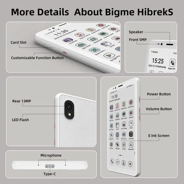 Alt view image 2 of 6 - Bigme HiBreakS E-Paper Smartphone, 5.84-Inch Android 14 Mobile Phone, 6GB+128GB, Octa-Core Processor, 3300mAh Battery, Dual Camera, 4G Connectivity, White(Colorful)