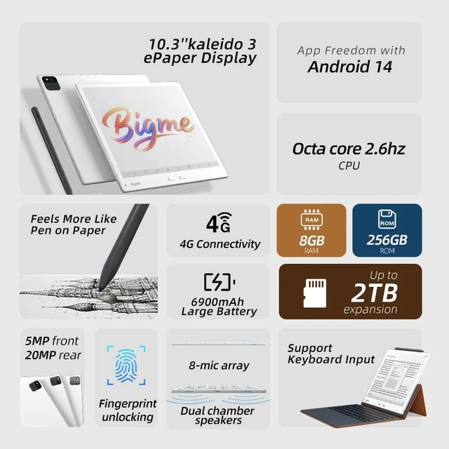 Alt view image 2 of 7 - Bigme B10 Color E-Paper Tablet, 10.3-Inch E-Ink Display, Stylus, 8GB RAM, 256GB, 4G LTE, Android 14