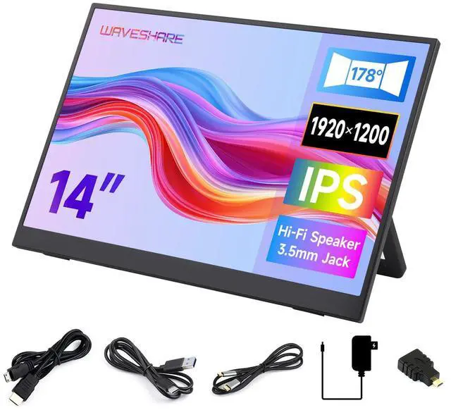 Main image of waveshare Luckfox 14inch Portable Monitor with Stand, IPS Screen, Mini HDMI Interface, 1920 x 1200 Full HD, 178deg Viewing Angle, ABS Case, 100% sRGB High Color Gamut, Supports HDR, No Touch