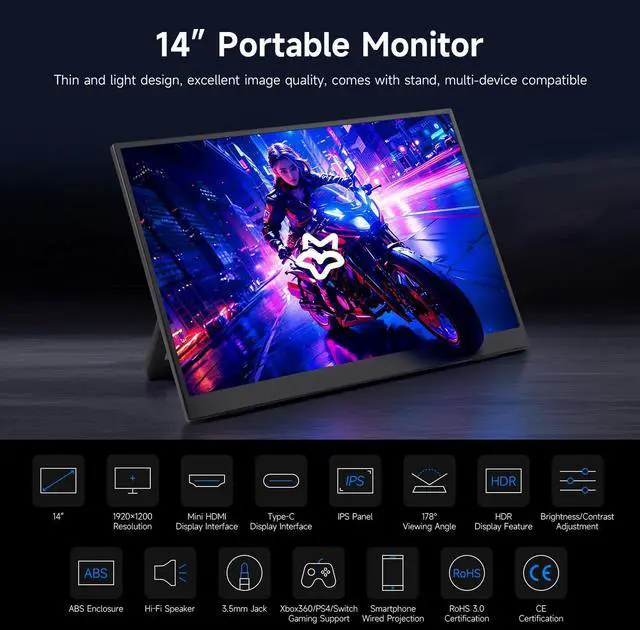 Alt view image 3 of 5 - waveshare Luckfox 14inch Portable Monitor with Stand, IPS Screen, Mini HDMI Interface, 1920 x 1200 Full HD, 178deg Viewing Angle, ABS Case, 100% sRGB High Color Gamut, Supports HDR, No Touch