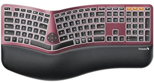 Main image of ProtoArc Backlit Bluetooth Ergonomic Keyboard, EK01 Plus Full Size Wireless Split Keyboard with Dual Bluetooth and USB, Cushioned Wrist Rest, Rechargeable, Compatible with Windows/Mac, Wine Red
