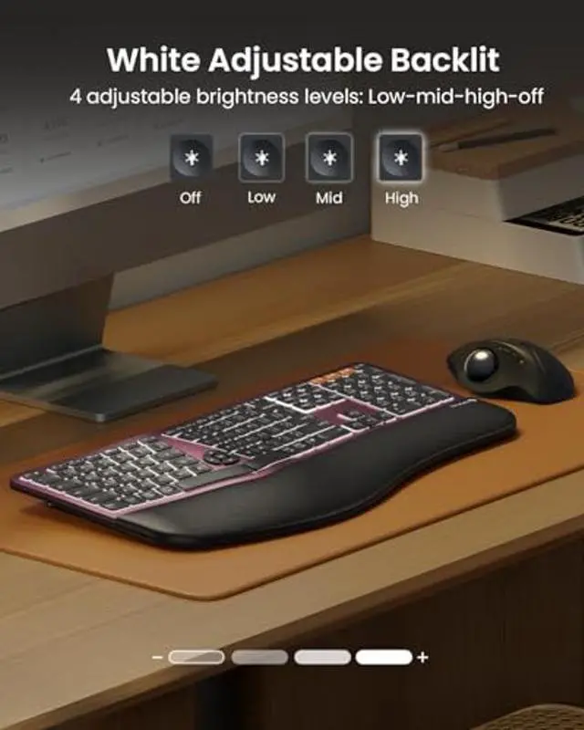 Alt view image 2 of 5 - ProtoArc Backlit Bluetooth Ergonomic Keyboard, EK01 Plus Full Size Wireless Split Keyboard with Dual Bluetooth and USB, Cushioned Wrist Rest, Rechargeable, Compatible with Windows/Mac, Wine Red