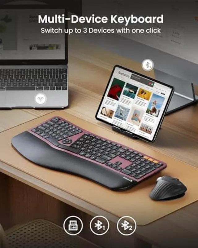 Alt view image 3 of 5 - ProtoArc Backlit Bluetooth Ergonomic Keyboard, EK01 Plus Full Size Wireless Split Keyboard with Dual Bluetooth and USB, Cushioned Wrist Rest, Rechargeable, Compatible with Windows/Mac, Wine Red