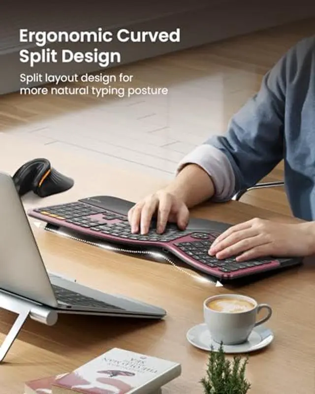 Alt view image 4 of 5 - ProtoArc Backlit Bluetooth Ergonomic Keyboard, EK01 Plus Full Size Wireless Split Keyboard with Dual Bluetooth and USB, Cushioned Wrist Rest, Rechargeable, Compatible with Windows/Mac, Wine Red