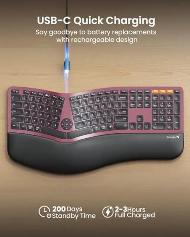 Alt view image 5 of 5 - ProtoArc Backlit Bluetooth Ergonomic Keyboard, EK01 Plus Full Size Wireless Split Keyboard with Dual Bluetooth and USB, Cushioned Wrist Rest, Rechargeable, Compatible with Windows/Mac, Wine Red