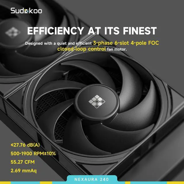 Alt view image 5 of 5 - Sudokoo Sudokoo NEXAURA 240 AIO Liquid CPU Cooler, PWM Pump, ARGB Pump Head, TDP 280W, FDB Fans, Intel LGA 1851/1700/1200/115X AMD AM5/AM4