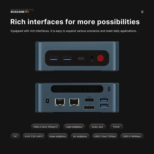 Alt view image 3 of 5 - BOSGAME P3 Lite Mini PC Gaming Computers Ryzen 7 6800H, Radeon 680M Graphics, 32GB DDR5 RAM, 1TB PCIe 4.0x4 SSD,Triple Display (HDMI/DP/USB4),USB4 8K 60Hz,WiFi 6E,BT5.2,Dual 2.5GbE LAN