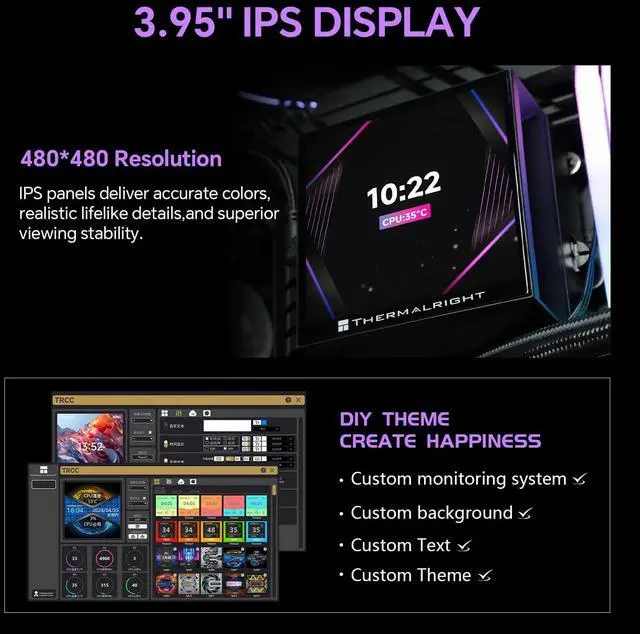 Alt view image 2 of 5 - Hyper Vision 360 UB ARGB CPU Liquid Cooler, 3.95in Magnet Absorbent LCD Screen - 480x480 Resolution for Images,Magnetic Panel Screen Water Cooler for AM5/AM4/ Intel LGA1851/1700 (Black)