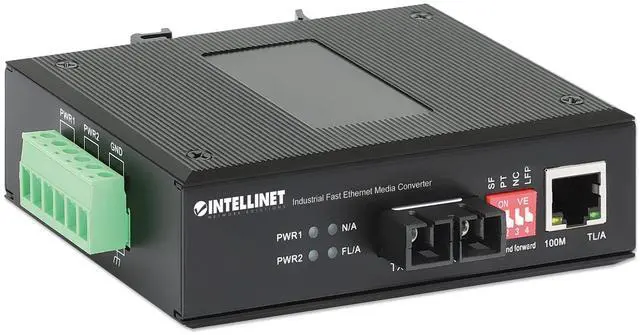 Main image of Intellinet Fast Ethernet Media Converter - IP40 Rated Metal Housing, 1310 nm Wavelength, DIN-Rail Mount, 2 DC Inputs -3 Yr Mfg Warranty-508964