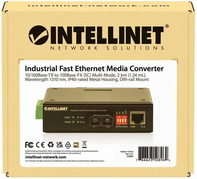 Alt view image 5 of 5 - Intellinet Fast Ethernet Media Converter - IP40 Rated Metal Housing, 1310 nm Wavelength, DIN-Rail Mount, 2 DC Inputs -3 Yr Mfg Warranty-508964