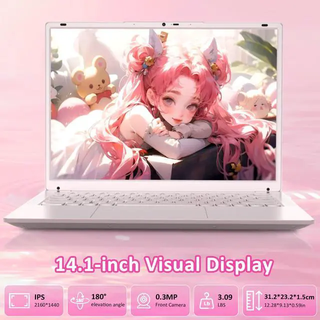 Alt view image 2 of 5 - KurieTim 14.1'' Pink Laptop Computer with 2K Display, 8GB DDR4 RAM 256GB SSD, Intel N5105, Up to 2.9GHz, Fingerprint Reader, Backlit Keyboard, Type-C, Win11 Pro, Student and Business Laptops, Pink