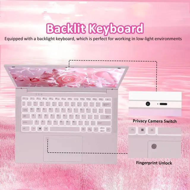 Alt view image 3 of 5 - KurieTim 14.1'' Pink Laptop Computer with 2K Display, 8GB DDR4 RAM 256GB SSD, Intel N5105, Up to 2.9GHz, Fingerprint Reader, Backlit Keyboard, Type-C, Win11 Pro, Student and Business Laptops, Pink