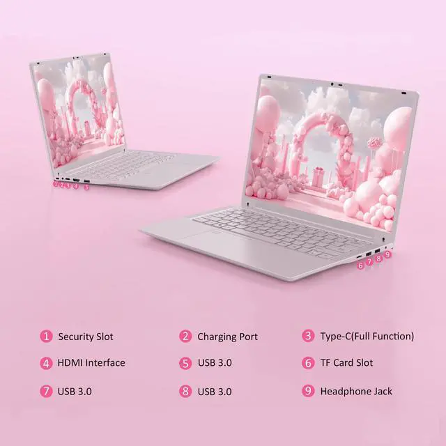 Alt view image 5 of 5 - KurieTim 14.1'' Pink Laptop Computer with 2K Display, 8GB DDR4 RAM 256GB SSD, Intel N5105, Up to 2.9GHz, Fingerprint Reader, Backlit Keyboard, Type-C, Win11 Pro, Student and Business Laptops, Pink