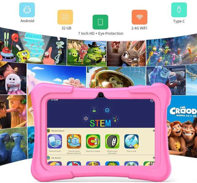 Alt view image 2 of 5 - PRITOM 7 inch Tablet for Kids with Solid Case, Kids Tablets 32GB with Parental Control, Pre-Installed APPs Free Games, Learning Educational Toddler Tablet WiFi, Bluetooth, Camera, Pink