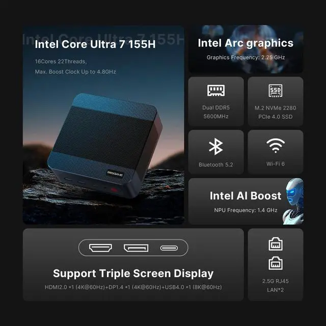 Alt view image 2 of 5 - BOSGAME M3 Mini PC Intel Ultra 7 155H 32GB DDR5(Dual 16GB x2) 1TB NVMe M.2 2280 SSD, Intel Arc Graphics 2.25GHz, Thunderbolt 4 8K 60HZ, Dual 2.5GbE LAN, WiFi 6E, BT 5.2