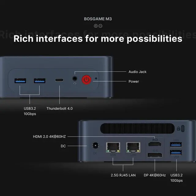 Alt view image 3 of 5 - BOSGAME M3 Mini PC Intel Ultra 7 155H 32GB DDR5(Dual 16GB x2) 1TB NVMe M.2 2280 SSD, Intel Arc Graphics 2.25GHz, Thunderbolt 4 8K 60HZ, Dual 2.5GbE LAN, WiFi 6E, BT 5.2