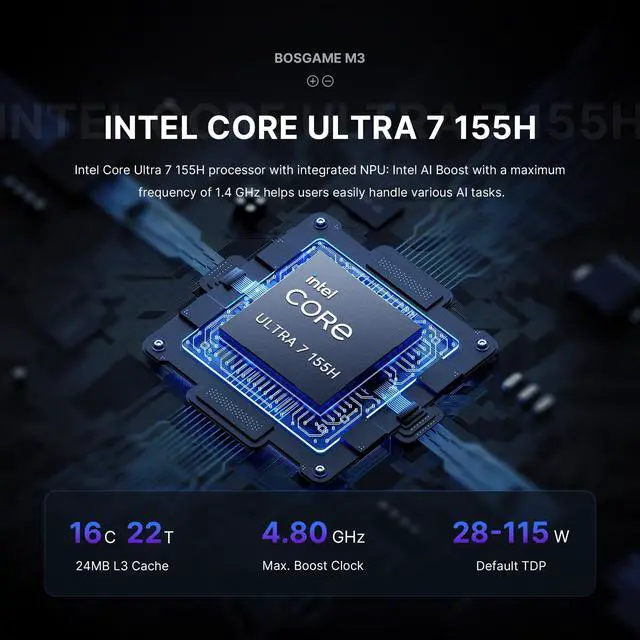 Alt view image 4 of 5 - BOSGAME M3 Mini PC Intel Ultra 7 155H 32GB DDR5(Dual 16GB x2) 1TB NVMe M.2 2280 SSD, Intel Arc Graphics 2.25GHz, Thunderbolt 4 8K 60HZ, Dual 2.5GbE LAN, WiFi 6E, BT 5.2
