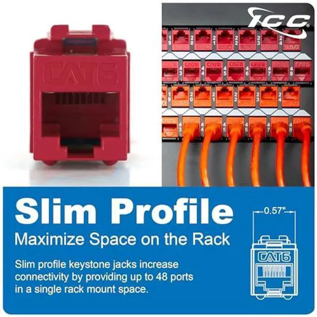 Alt view image 3 of 5 - ICC CAT6 Keystone Jack with Slim Profile 180 Degree Punch Down, RJ45 UL Listed PoE++ TAA Compliant for Wall Plate or Patch Panel, Works with JackEasy Termination Tool, Blue 400 Pack