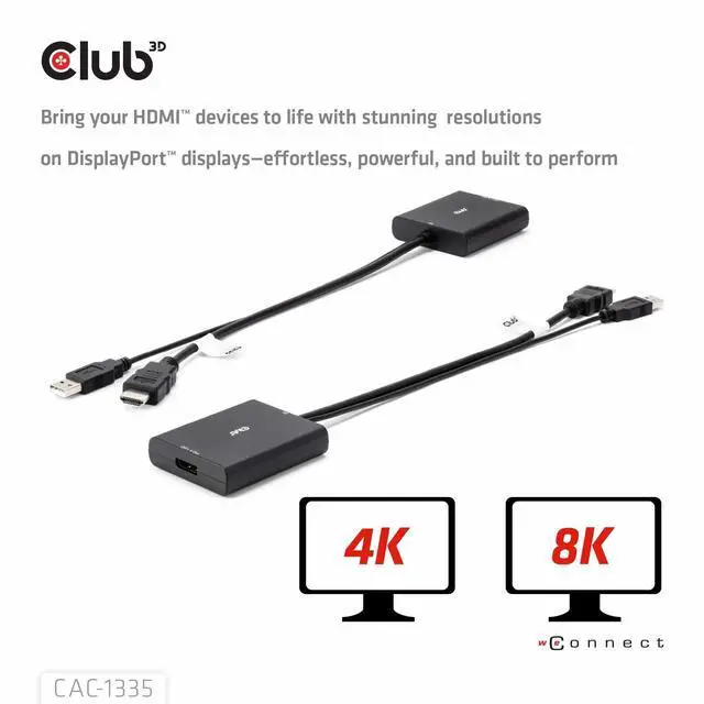 Alt view image 4 of 5 - Club 3D CAC-1335 HDMI 2.1 to DisplayPort 1.4 4K120Hz or 8K30Hz M/F Active Adapter