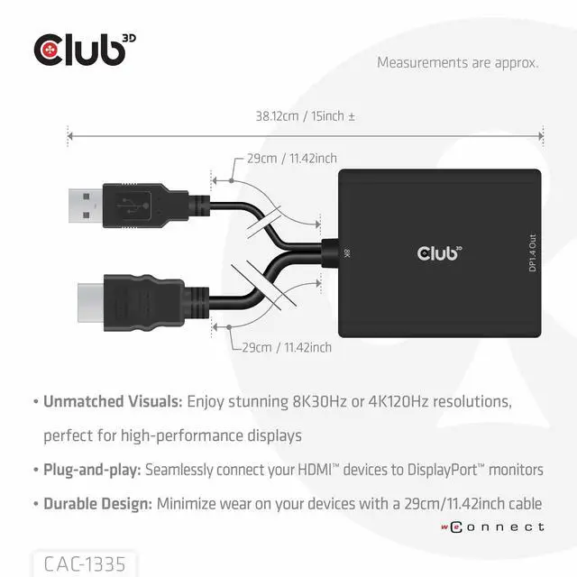 Alt view image 5 of 5 - Club 3D CAC-1335 HDMI 2.1 to DisplayPort 1.4 4K120Hz or 8K30Hz M/F Active Adapter