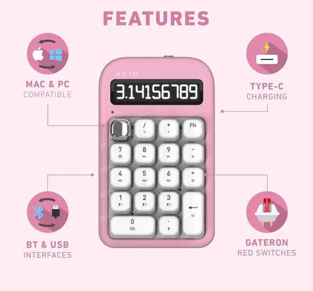 Alt view image 5 of 5 - AZIO IZO Wireless Mechanical Calculator & Number Pad (Pink/Silver) - Bluetooth 5.0 & USB, Gateron-Red Mechanical Switch, 9 Backlight Modes, Rechargeable, PC & Mac Compatible, Pink Blossom (IN408)
